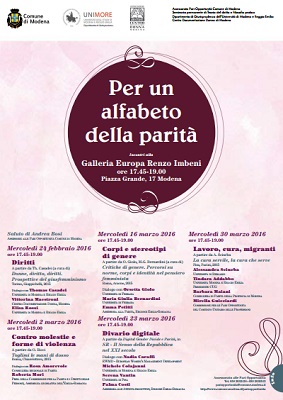 Modena, dal 24 febbraio ciclo di seminari “Per un alfabeto della parità” Per un alfabeto della parità a Modena