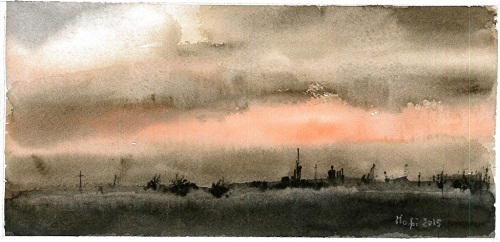 acquerello con tramonto