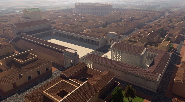 030 Ricostruzione virtuale di Mutina- Foro e anfiteatro sullo sfondo. A cura di Altair4