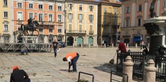 Rimozione dell’erba dal selciato di piazza Cavalli