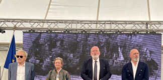 Campo di Fossoli, Carpi (Mo), il presidente Bonaccini e il vicepresidente della Commissione Europea, Timmermans, oggi alla commemorazione dell’eccidio di Cibeno del 12 luglio 1944
