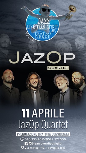 JazOp Quartet in concerto live giovedì 11 aprile al Teatro Verdi di Poviglio